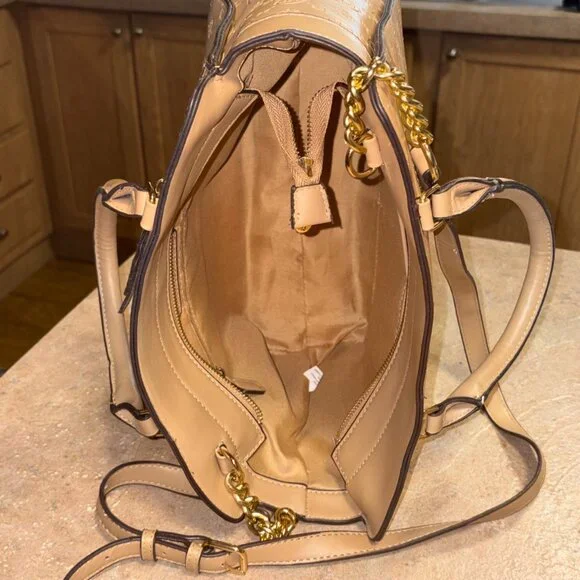 Ellen Tracy Monogram Signature Collection Double Handle Satchel Tan Faux Leather - Picture 8 of 16